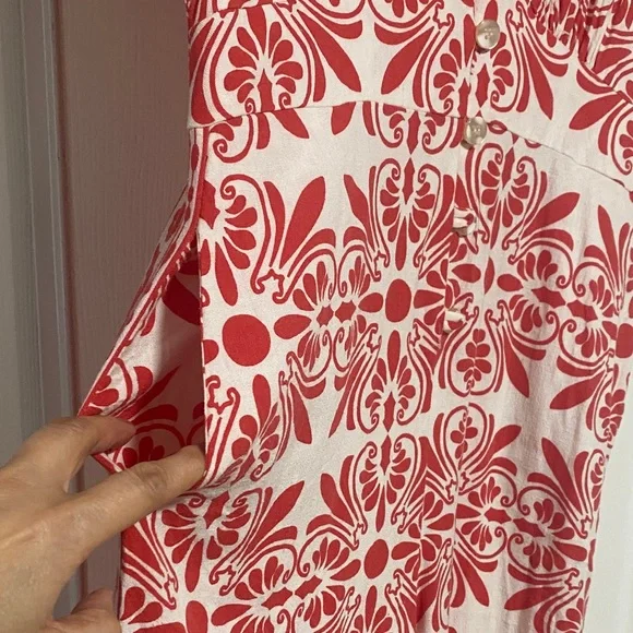 Anthropologie FARMRIO Linen Blend Red and White Patterned Jumpsuit